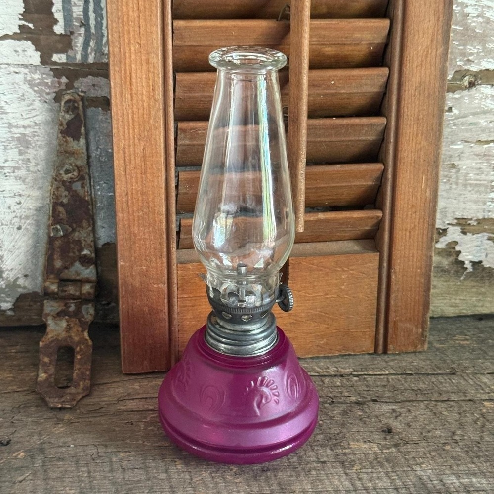 Vintage Miniature Magenta‎ Frosted Glass Oil Lamp Clear Chimney 8 Inch Accent